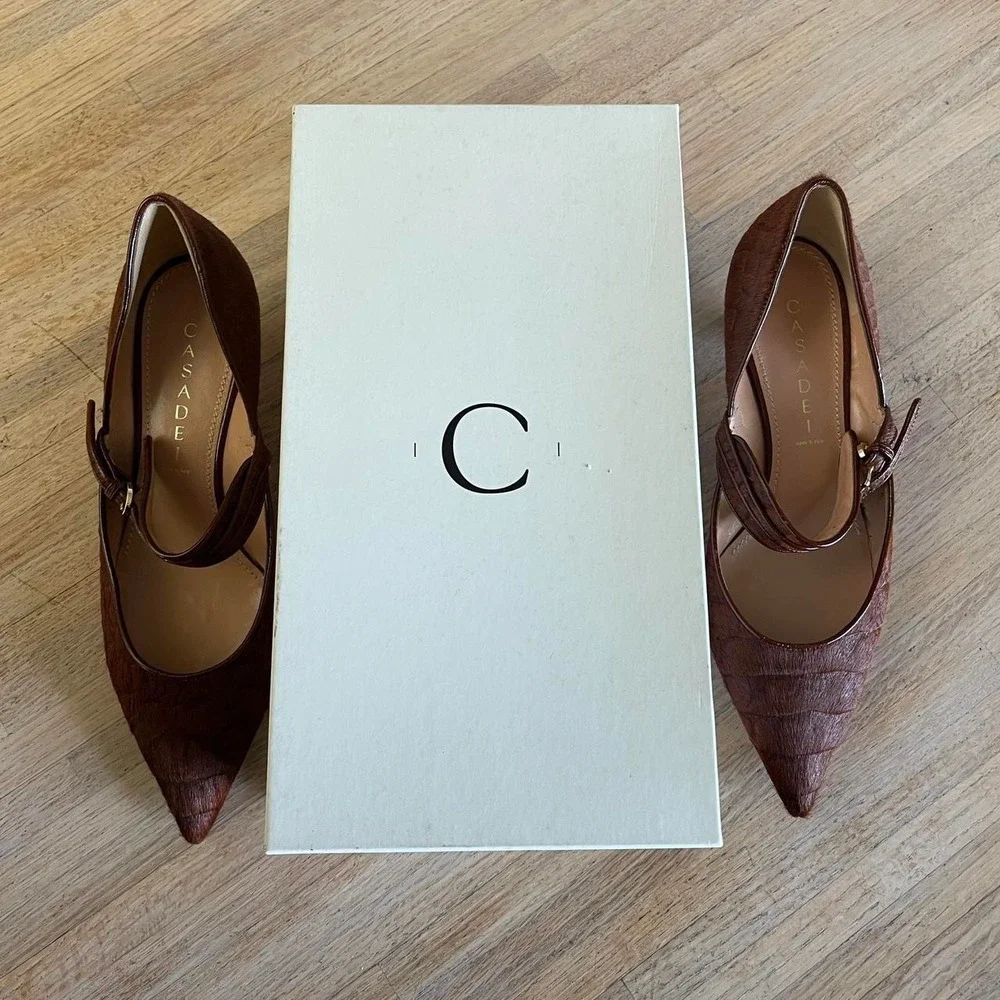 NIB Vintage Y2K Casadei Brown Gator Print Pony Hair Pointed Kitten Heels Sz‎ 8.5 - Picture 7 of 8